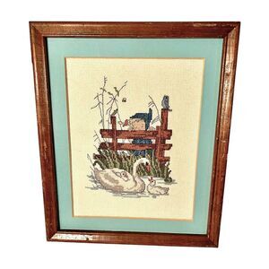 Vintage Hummel Girl Bird Swan Finished Cross Stitch Cottagecore Framed W/O Glass